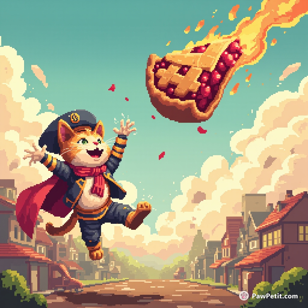 Whimsical Concept: "Paws of Valor" - Cat heroically swats a falling pie, saving a town from a sugary disaster.