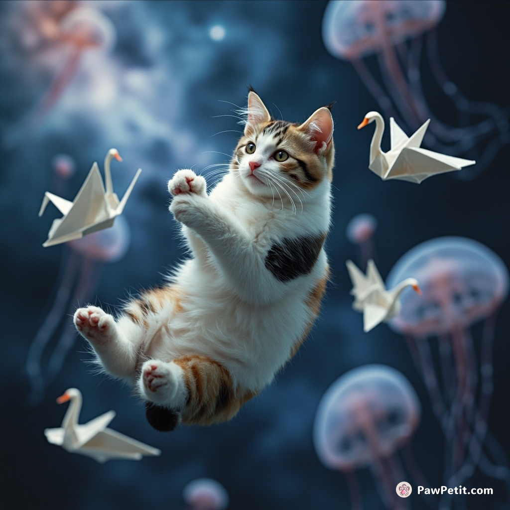 A calico cat crafting tiny origami swans while floating in a cosmos jellyfish nebula.
