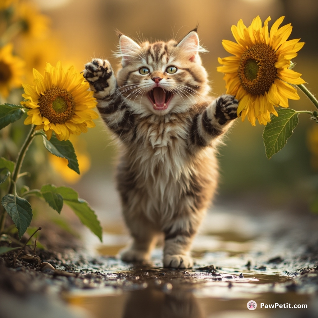 Hysterically arm-wrestling with sunflowers, the cat's spunky attempts to ballet-tiptoe over puddles punctuate a distinguished terrain-exploration fiesta.