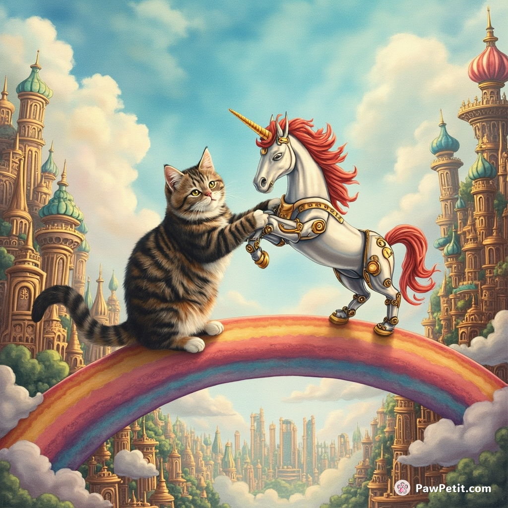 A cat arm wrestling a robot unicorn on a rainbow bridge over an elaborately detailed steampunk city.