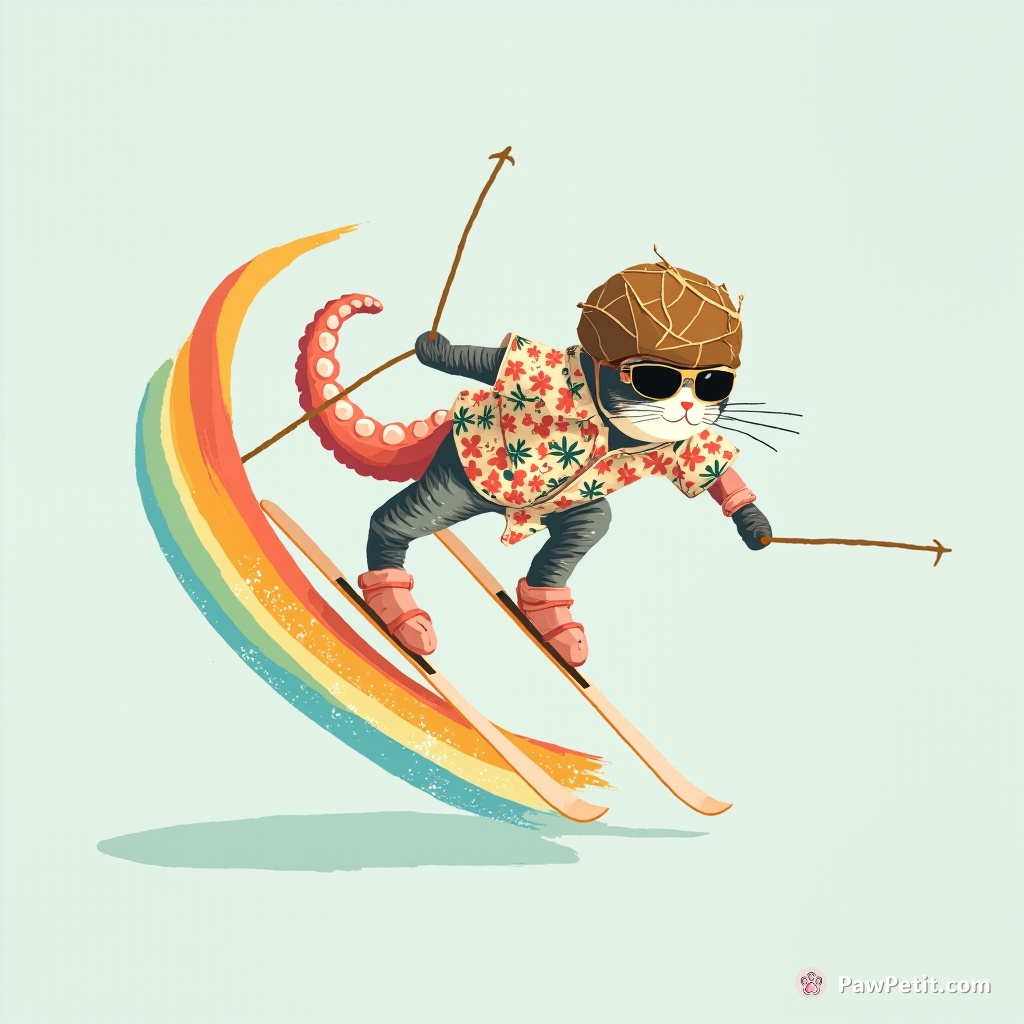 Cat skiing down a rainbow with octopus tentacle skis, wearing floral Hawaiian shirt and coconut-shell helmet.