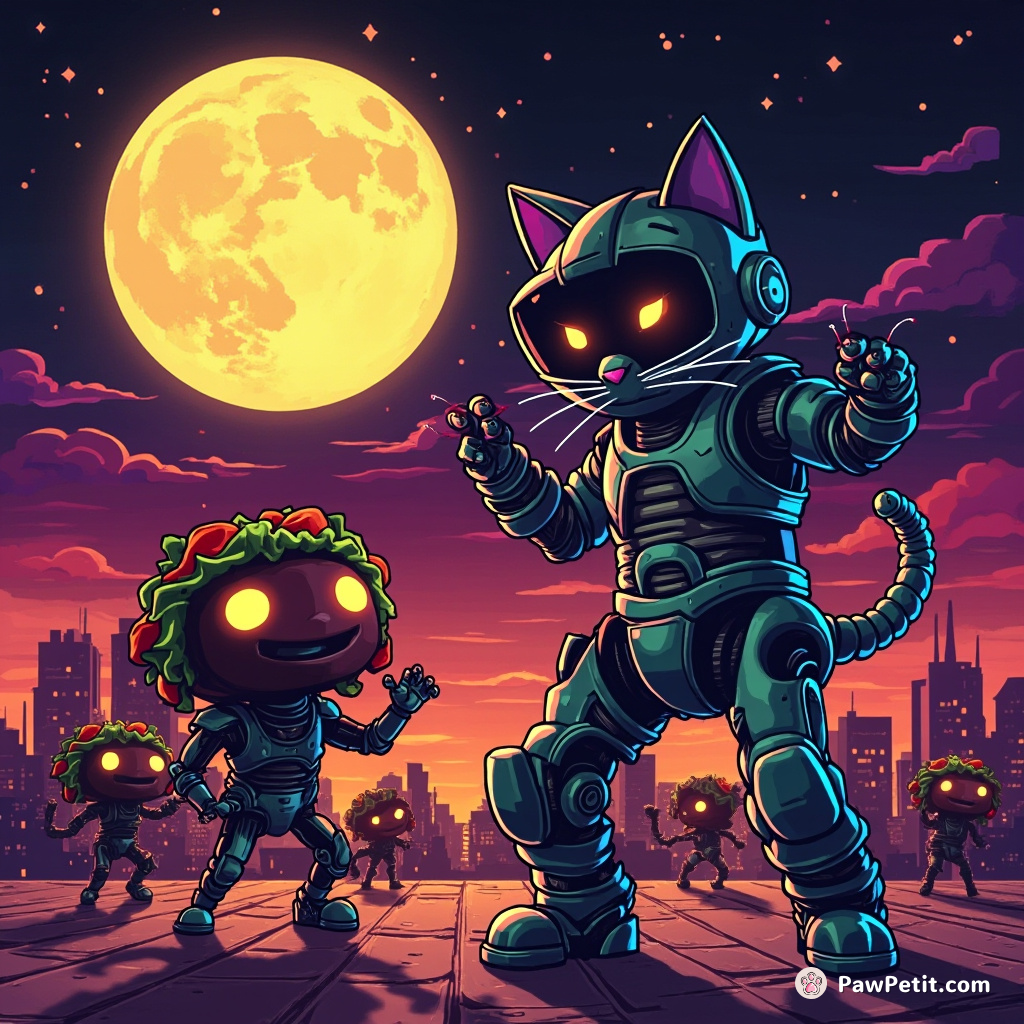 Cyborg cat having a dance-off with taco aliens under a glowing cheese moon.