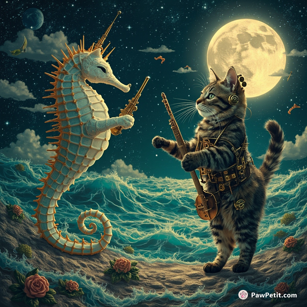 A steampunk cat conducting a whimsical seahorse orchestra under the moonlit ocean.