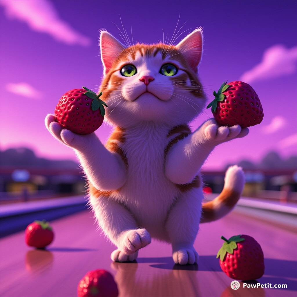 A three-headed cat bowling with oversized strawberries under neon purple skies.