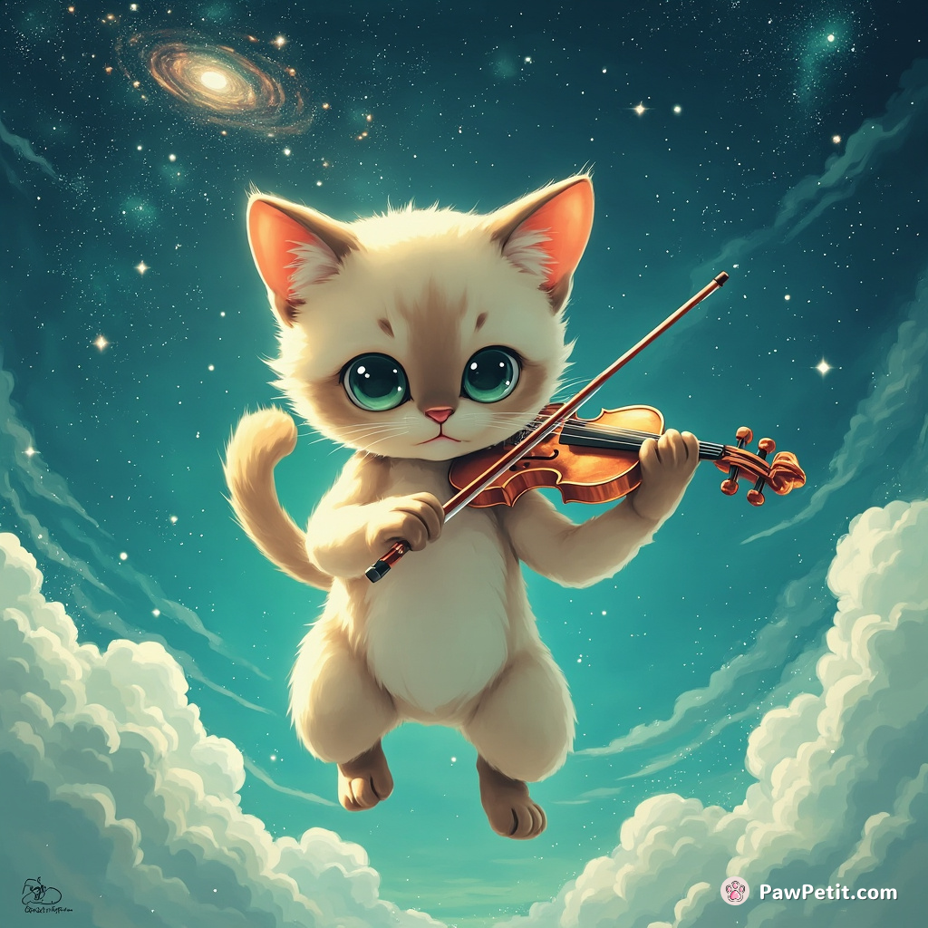 A Siamese cat playing a shimmering, translucent glass violin under turquoise Arabian sky while supernovas explode around.