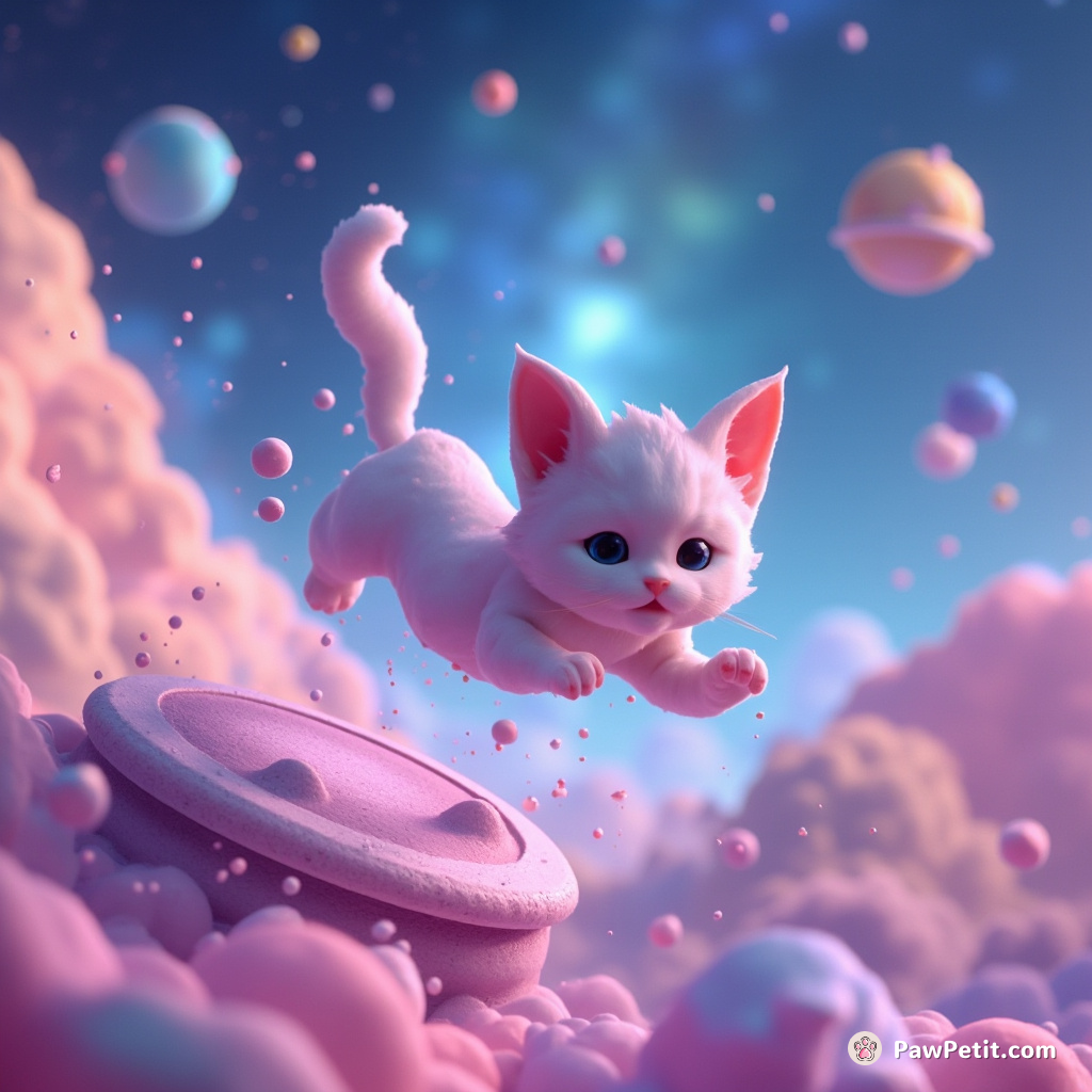 In a simulated reality realm, the Nebula Cat skately leaps across floating gravity islands, disrupting time with each elegant bound.