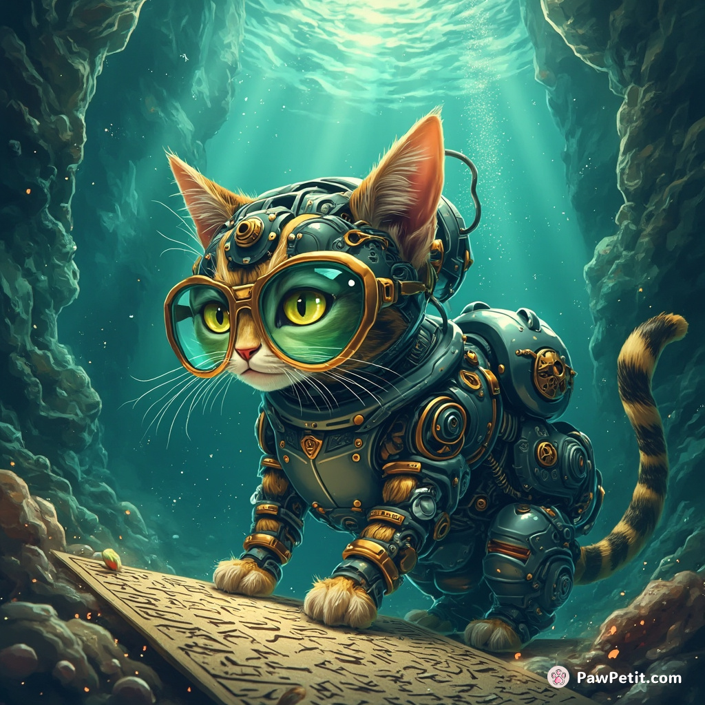 A cybernetic tabby cat deciphering ancient alien hieroglyphs underwater.
