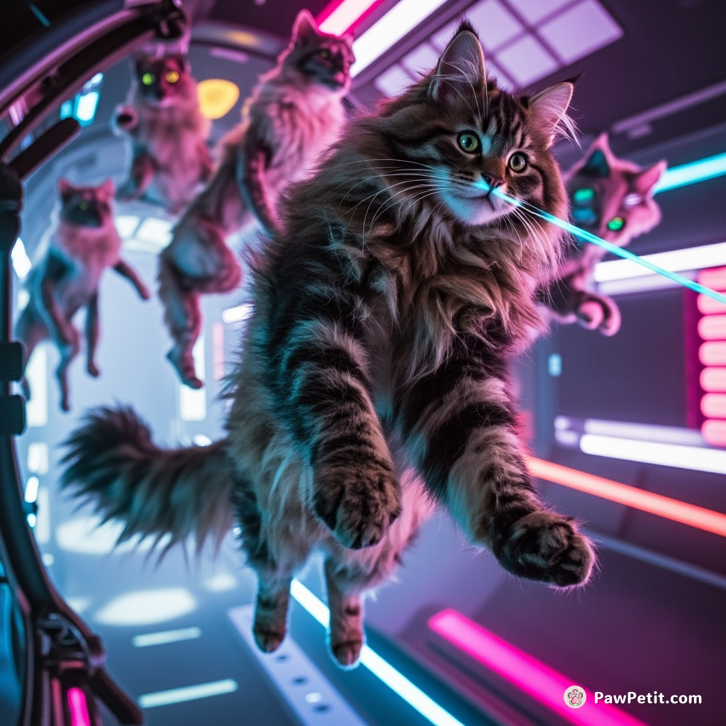 A giant cat playing laser tag against extraterrestrial felines on a neon-powered spaceship.