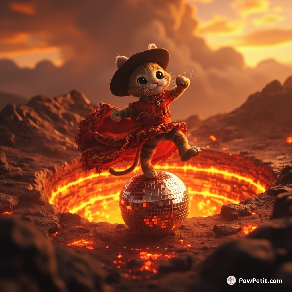 A cat doing a flamenco on a disco ball, balanced precariously in the middle of an active volcano.