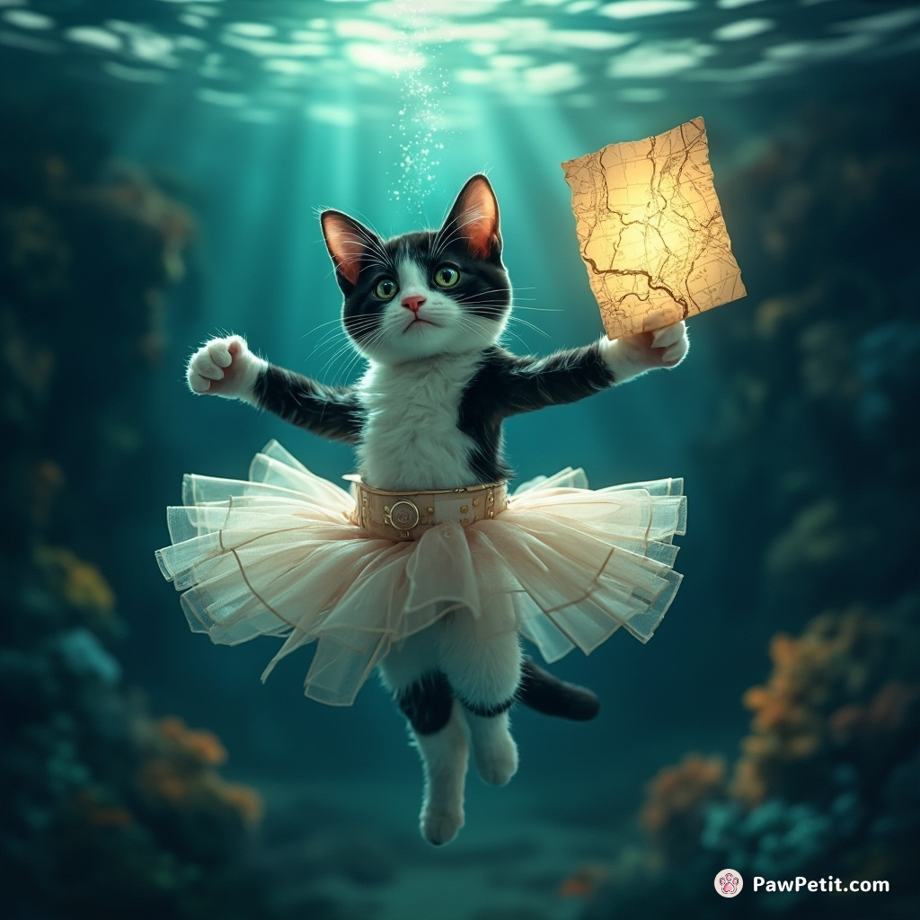 A tuxedo cat flamenco dancing under the ocean, wearing a ballerina tutu and holding an illuminated map.