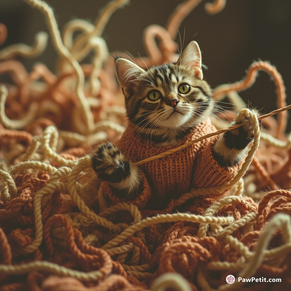 The cat, entangled in knitting wool, whirlwinned in a fury of flurry, unraveling chaos through the peaceful Sunday knitting circle.