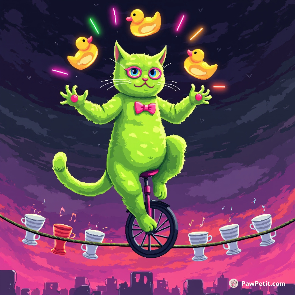A lime green cat juggling neon rubber ducks while unicycling over a tightrope strung above singing teacups.