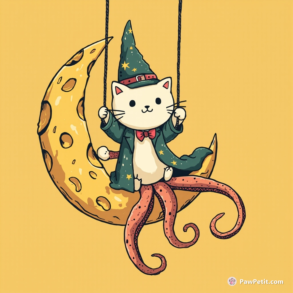 A cat swinging on a cheddar cheese moon with octopus tentacles while wearing wizard attire.