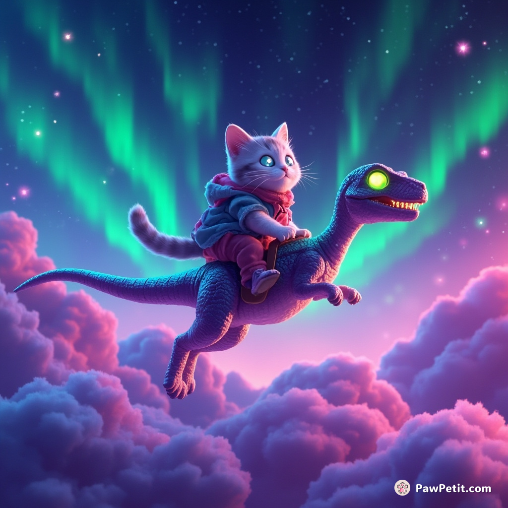Cat riding a glowing neon velociraptor under a sherbet colored aurora borealis.