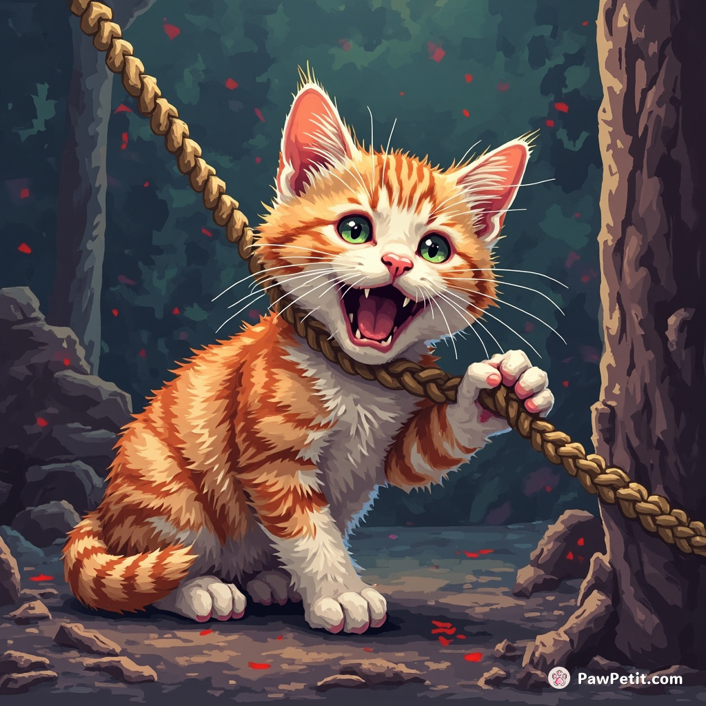 In her fearfulness, the cat ferociously clawed at the rope that threatened to pull her into the chaotic imbroglio of humans.