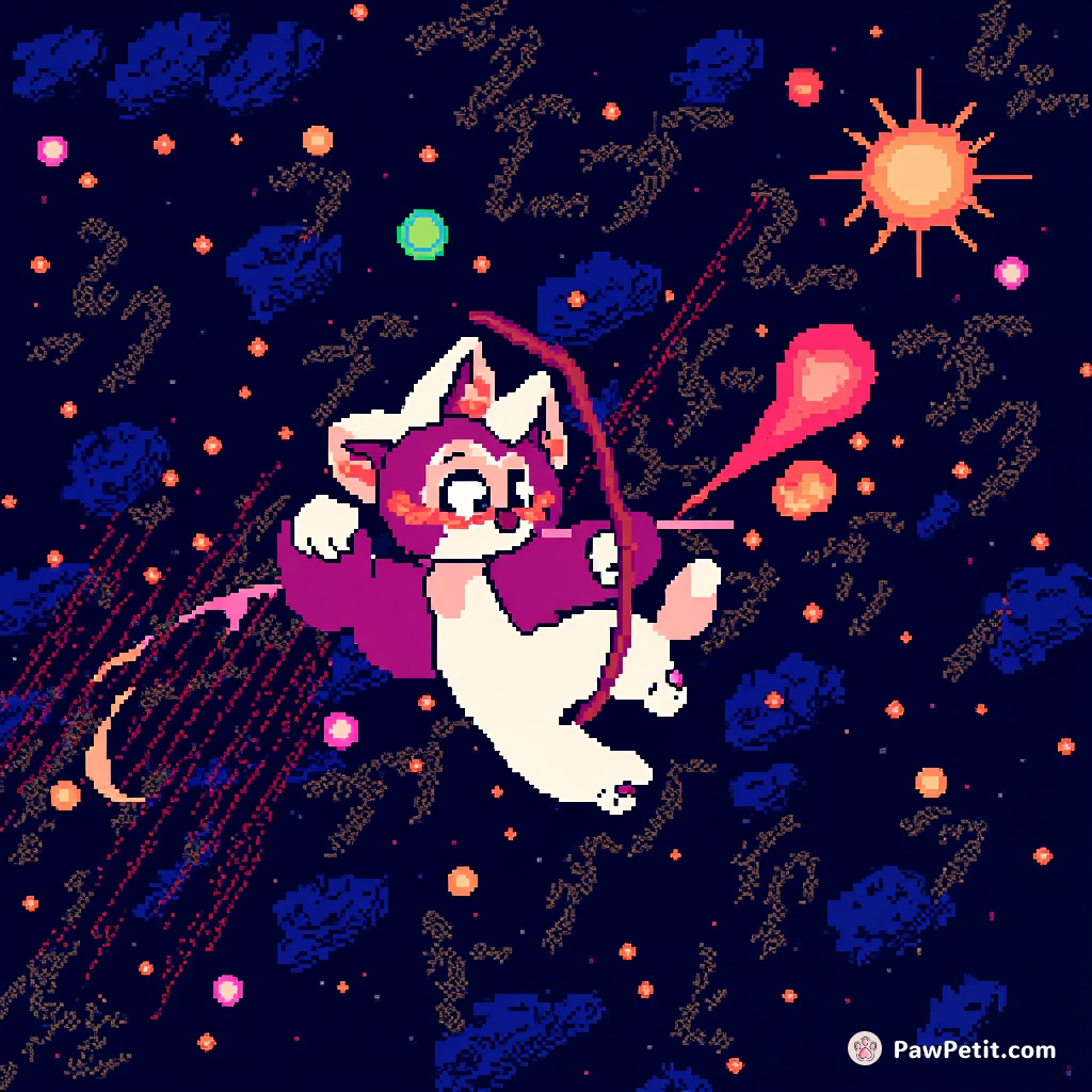 In a digital cosmos, a feline archer deftly dodges lasers, swishing its pixelated tail in mesmerizing rhythmic patterns.