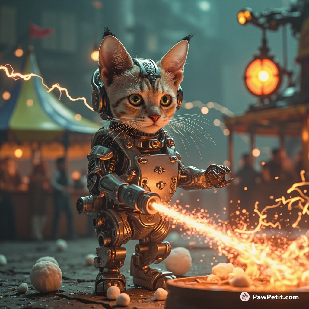 A cyborg cat using rainbow lightning lasers to roast marshmallows in a dystopian steampunk circus.