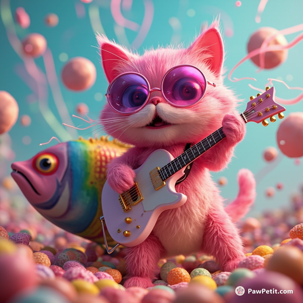A fuchsia cat playing electric guitar on a rainbow fish while shooting silly string from its eyes in an ocean of candy.