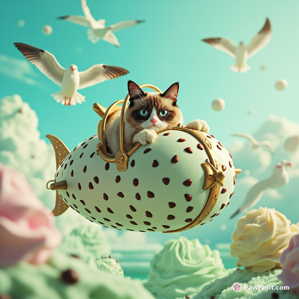 A grumpy cat piloting a cream puff airship through an ocean of mint-chocolate chip ice cream with sherbet seagulls.