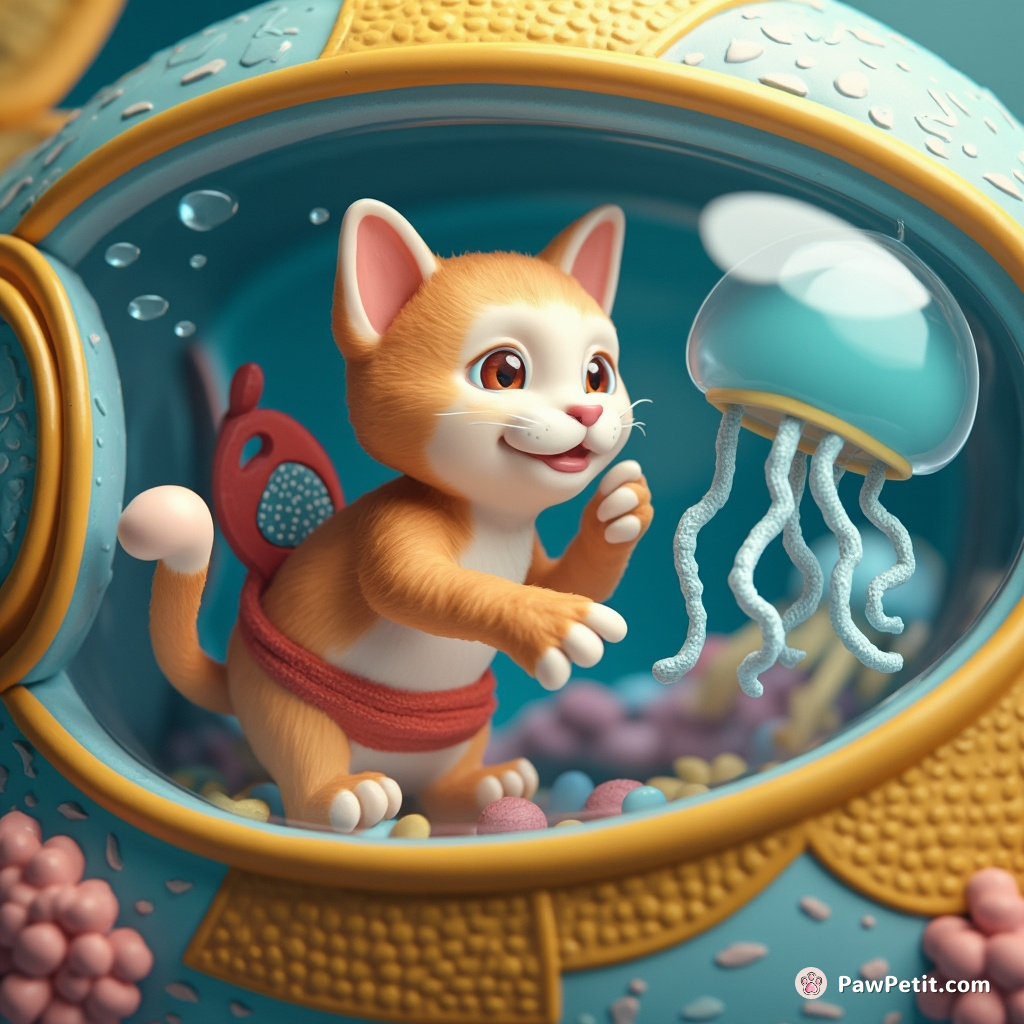 Cat playing peekaboo with semi-transparent jellyfish in a paisley-patterned submarine.