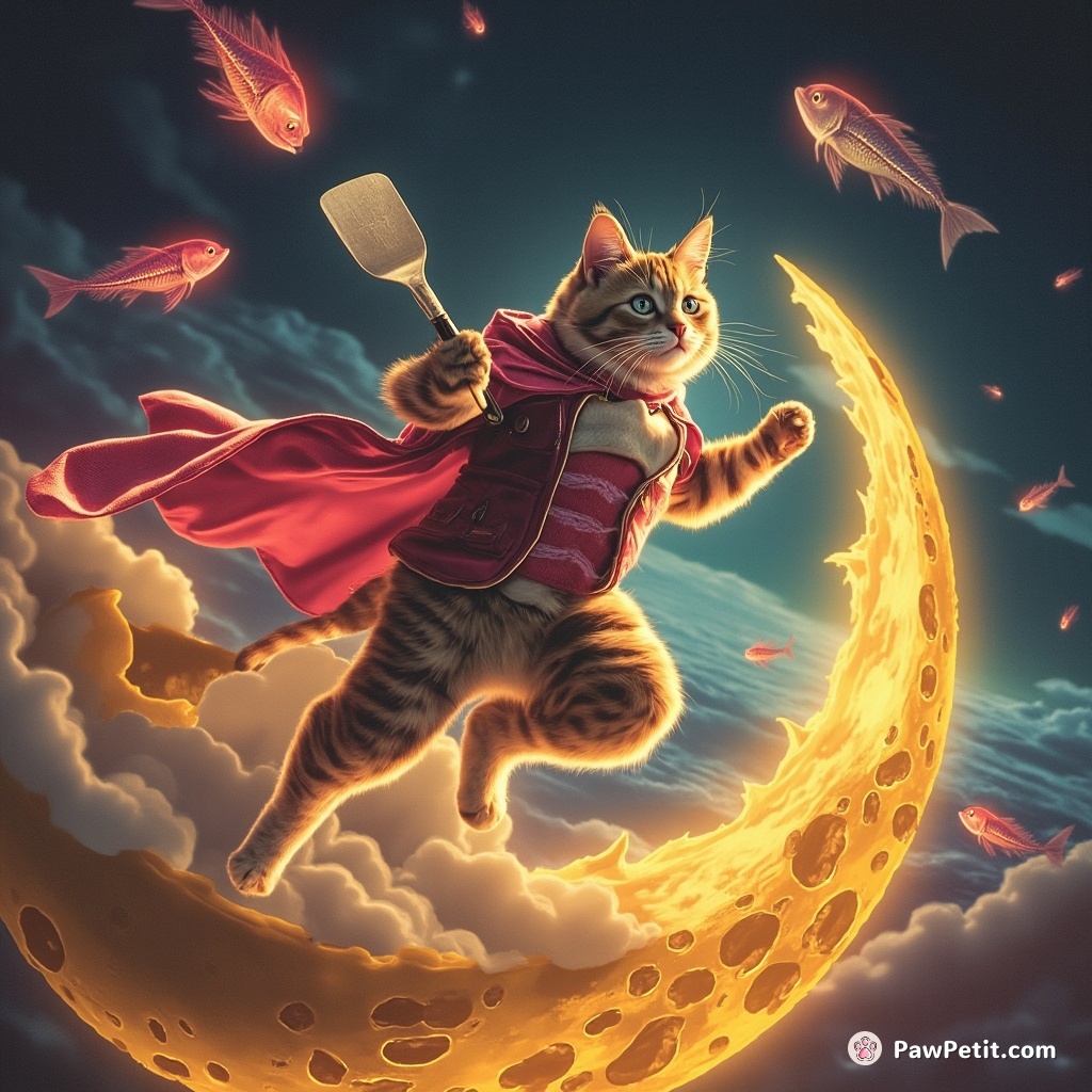 Cat superhero with luminous fur, defying gravity on a cheese moon, using a spatula to swat away invading alien fish.