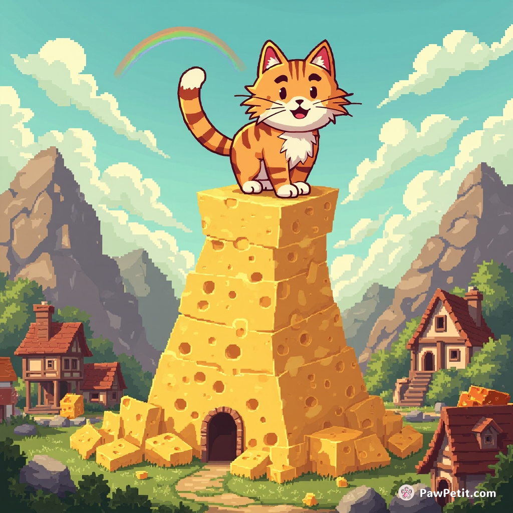 Whiskers the cat accidentally saves a village by toppling a tower of cheese with a single, majestic tail flick.