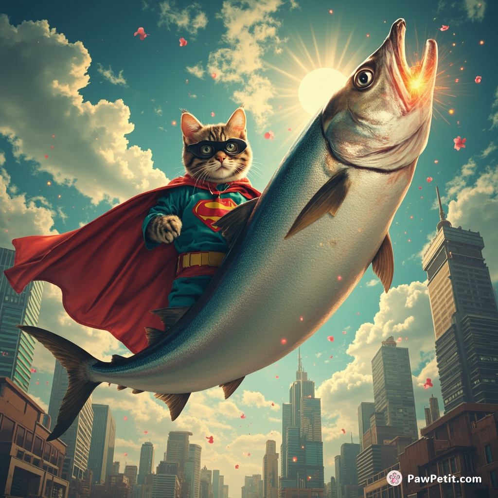 A caped superhero cat levitating a skyscraper-sized tuna fish over a surreal cityscape using telekinesis.