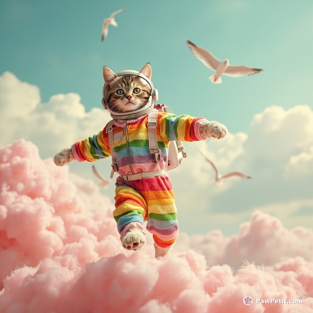 A cat wearing a rainbow astronaut suit, playing hopscotch on cotton candy clouds with pencil-shaped seagulls.