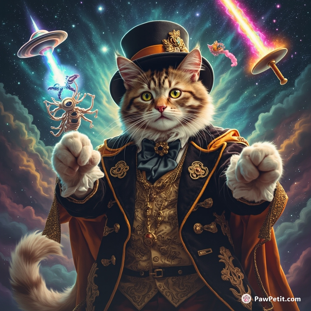 A Victorian-styled baroque magician cat conjuring cosmos galaxies as sword-swinging aliens invade in rainbow UFOs.