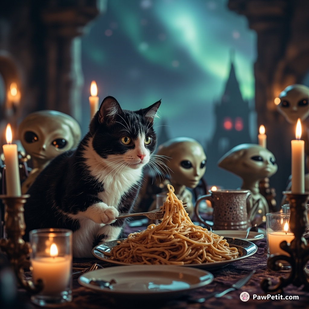 Cat wearing a tuxedo serving spaghetti to alien friends in a glittering haunted castle under an aurora-filled night sky.