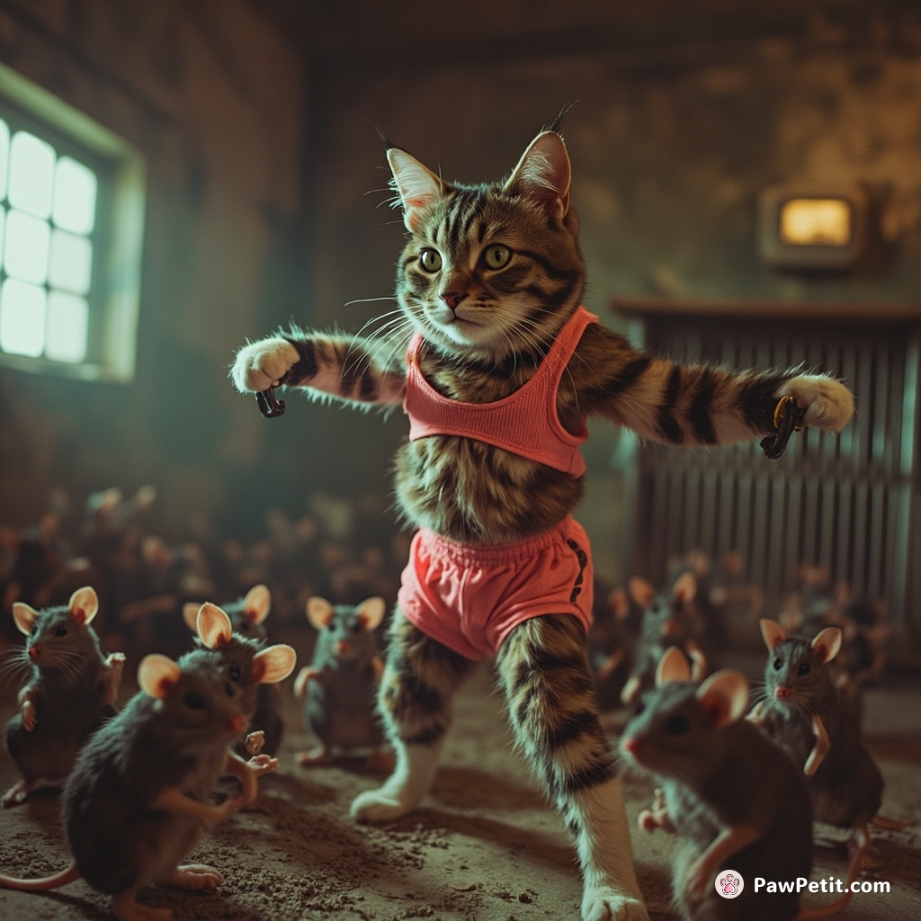 A cat, dressed in 80s aerobics outfit, conducting a full-fledged gym session for a group of frightened mice inside an old abandoned mouse trap mansion.