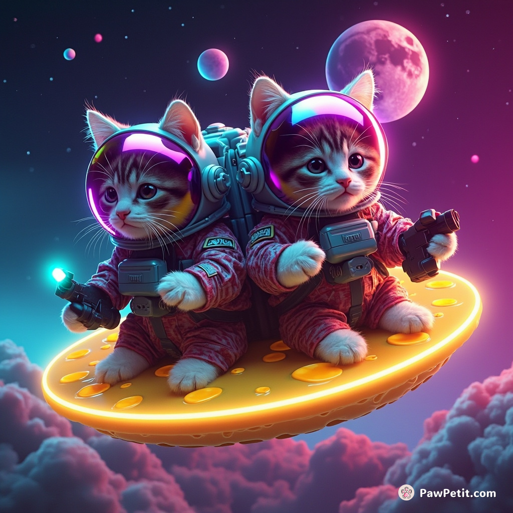 Cat commanding mini cats astronaut brigade on a cheese moon.