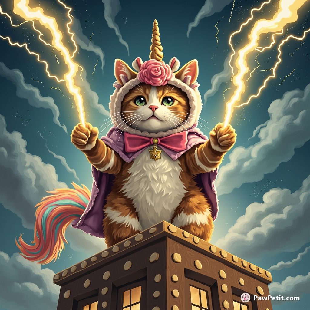 A cat in a unicorn costume throwing lightning bolts from the 7th story of a gingerbread skyscraper.