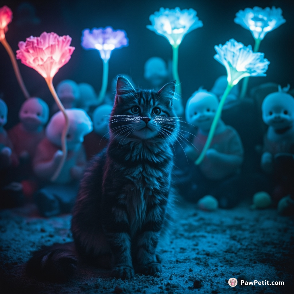 Cat doing a theatrical mime act under phosphorescent sea flowers, with occasional audience of curious space narwhals.