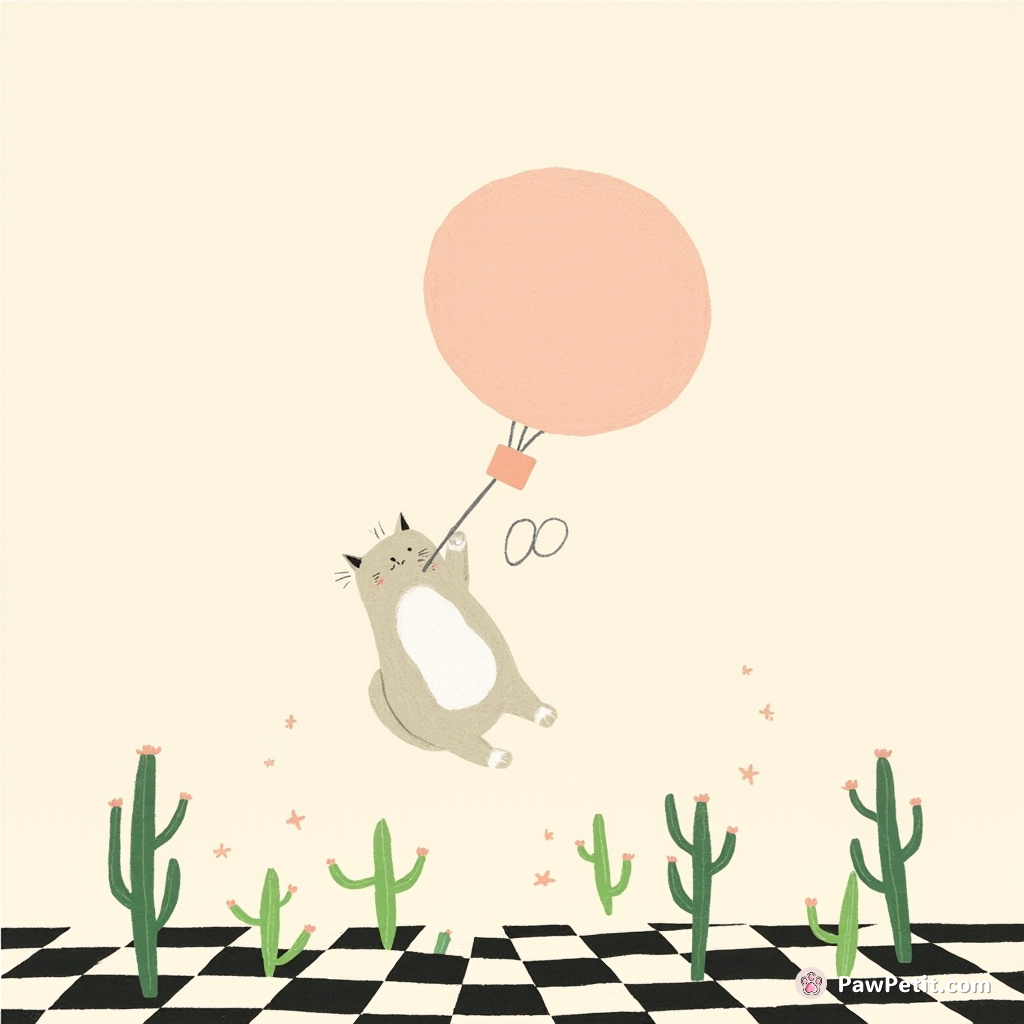 A cat inflating like a hot air balloon, lifting off over a checkerboard landscape with dancing cacti.