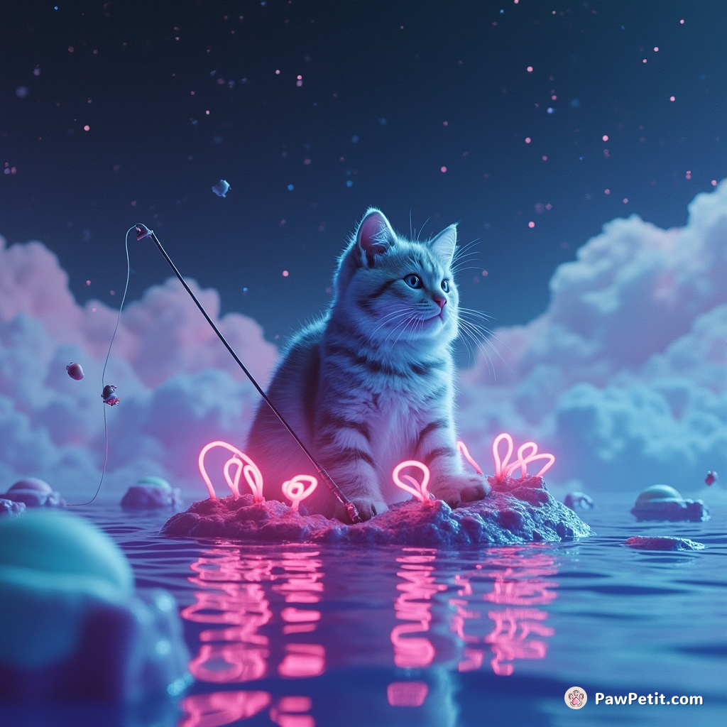 A cat fishing for mermaids on a marshmallow island under a sky raining tiny stars.