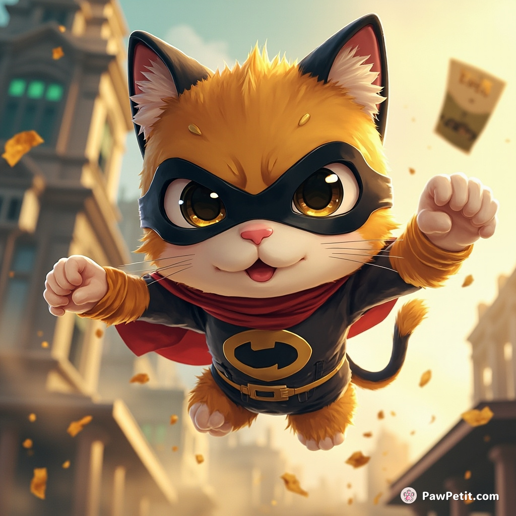 **Concept:** "Whiskers the cat, mistaken for a masked vigilante, becomes celebrated for tripping a bank robber with a well-timed pounce."

**Main Action:** "Pounces to trip robber, hailed as heroic.