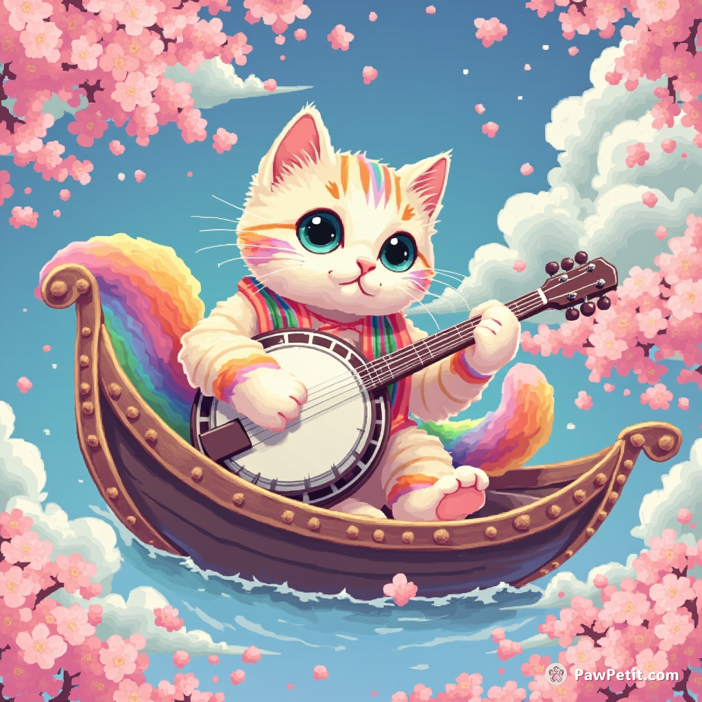 A pastel rainbow cat playing a banjo on a gondola floating through a cherry blossom-filled sky.