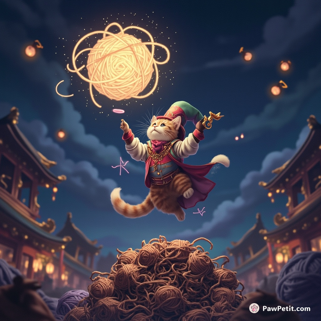 Magician cat levitating a giant, glow-in-the-dark yarn ball over a dragon's hoard in a musicalyssey festival.