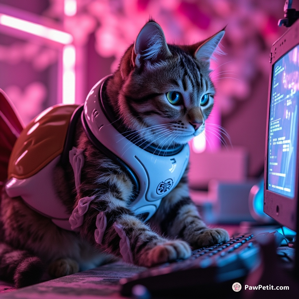 Cyborg cat typing cosmic code on a rotisserie chicken-shaped computer under neon sakura trees.
