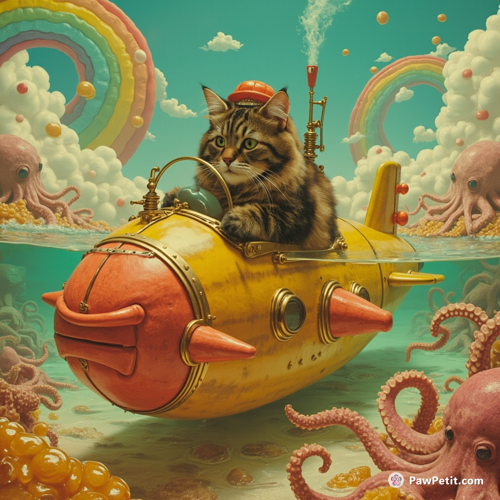 A steampunk cat piloting a submarine made of watermelons in a honey-filled ocean during an octopus rainbow migration.