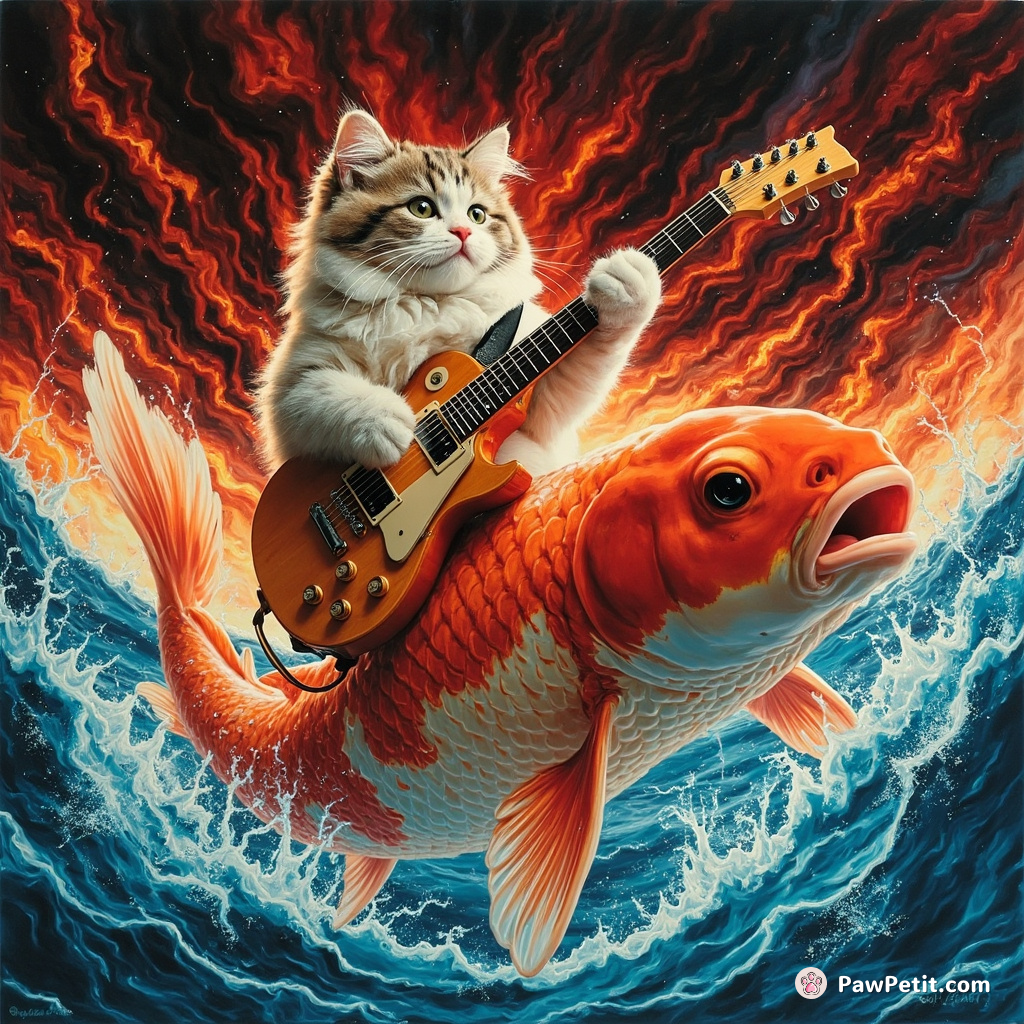 Cat performing a guitar solo atop a giant fish jumping out of an electric blue ocean with lava-filled sky.