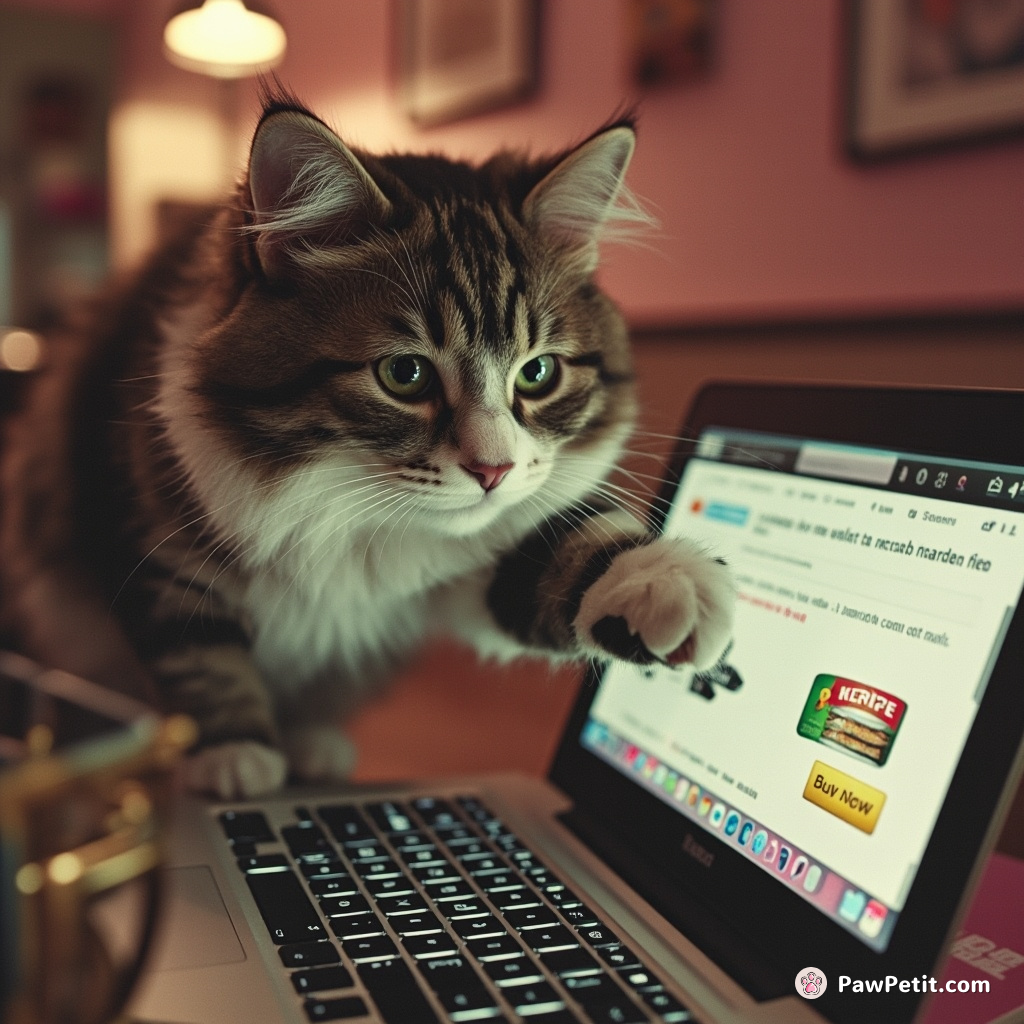 Mischievous cat causes chaos shopping online, "pawsing" to theatrically click 'buy now' on sardines bulk order.