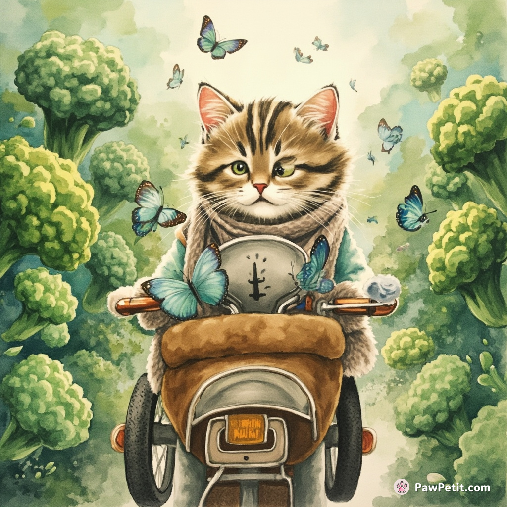 A cat driving a velvet-covered cauldishard motorcycle through a forest of broccoli with butterflies braiding her whiskers.