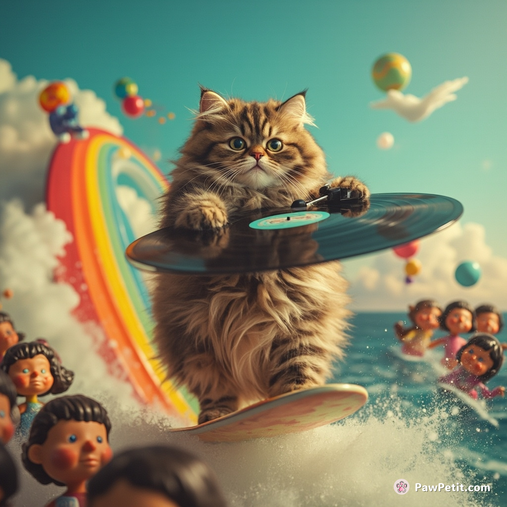 A cat rapidly spinning vinyl records on floating, ethereal turntables while surfboarding on a rainbow gliding over a sea of bobblehead dolls.