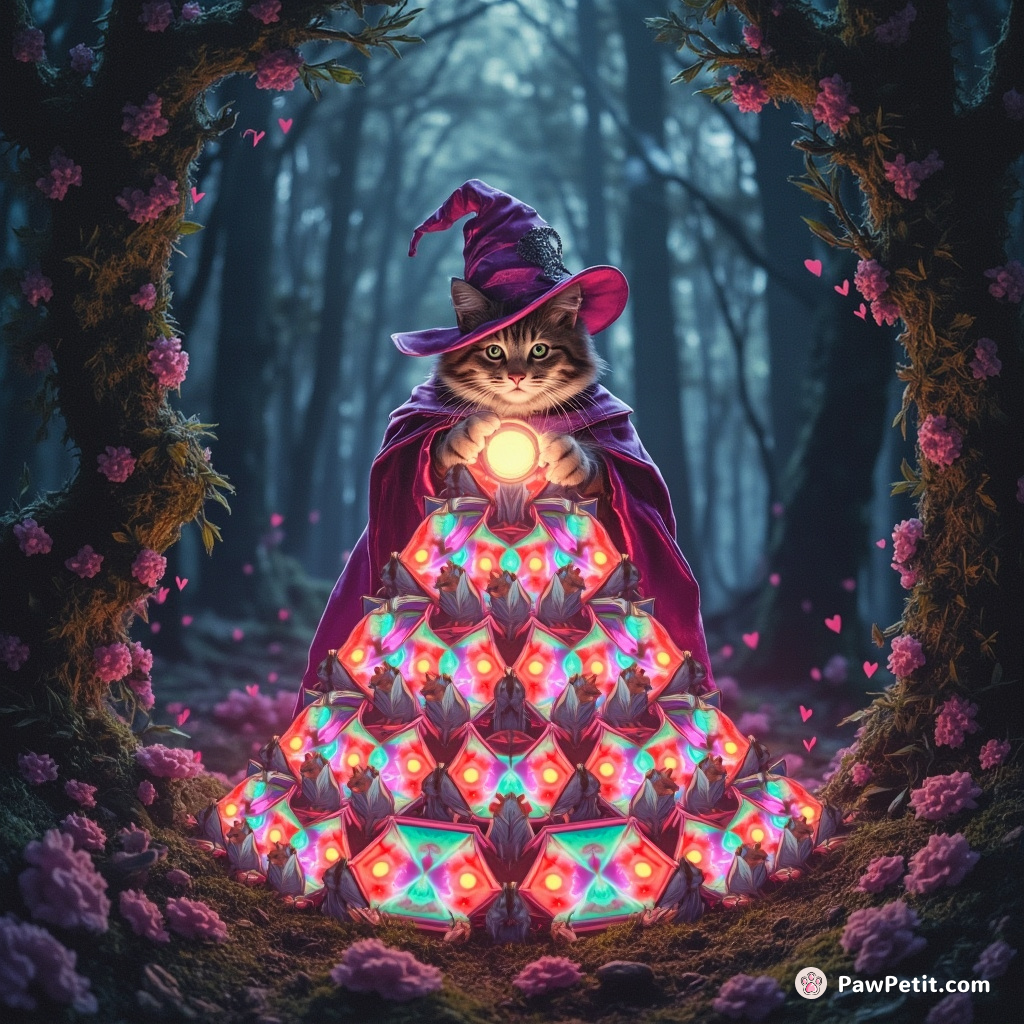 Wizard cat casting a kaleidoscope spell on a pyramid of mice in an enchanted forest.