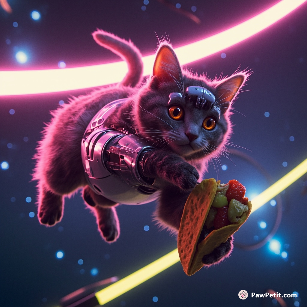 A cybernetic cat drifting in zero gravity space while munching on neon tacos.