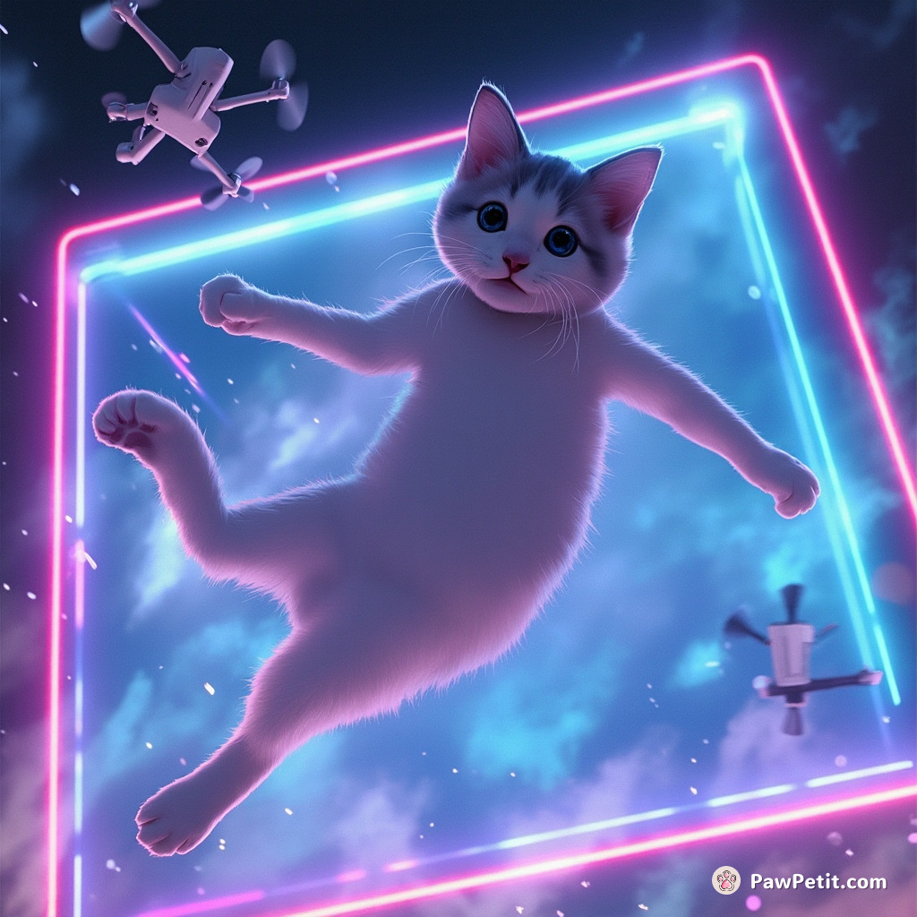 The cat nimbly dances across a neon hologram billboard, evading flying drones with each graceful leap.