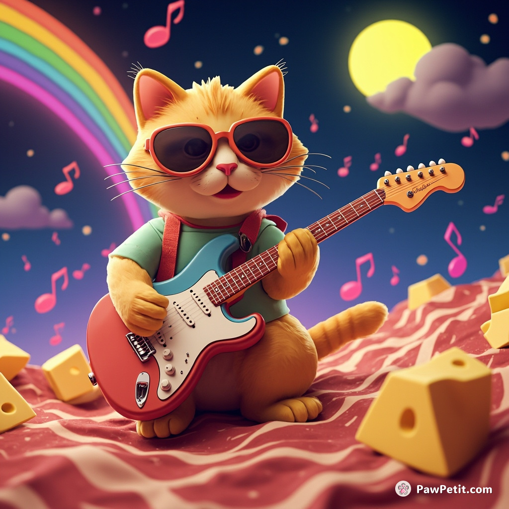 Cat playing electric guitar of rainbow notes under cheese moon on bacon land.