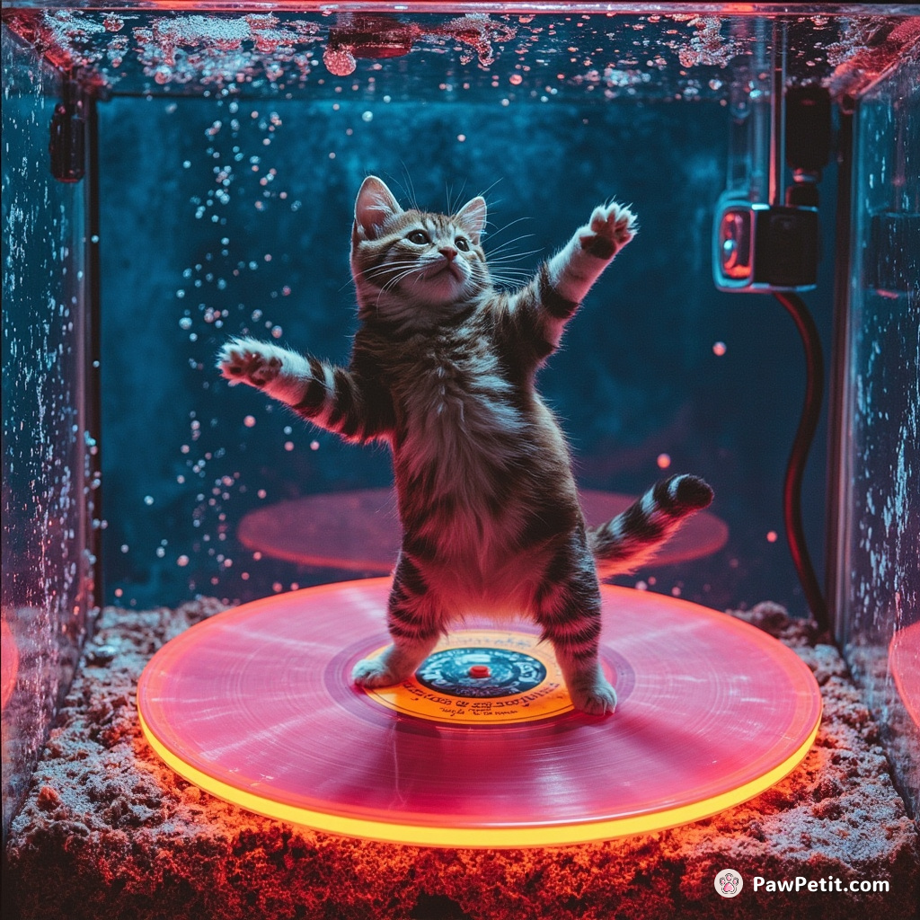 Cat breakdancing on a floating neon vinyl in an aquarium filled with sparkling soda.